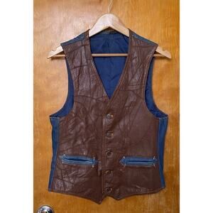 Vintage 70s Patchwork Leather Denim Vest Western Arrow Pockets Rodeo Sz S/M Rock